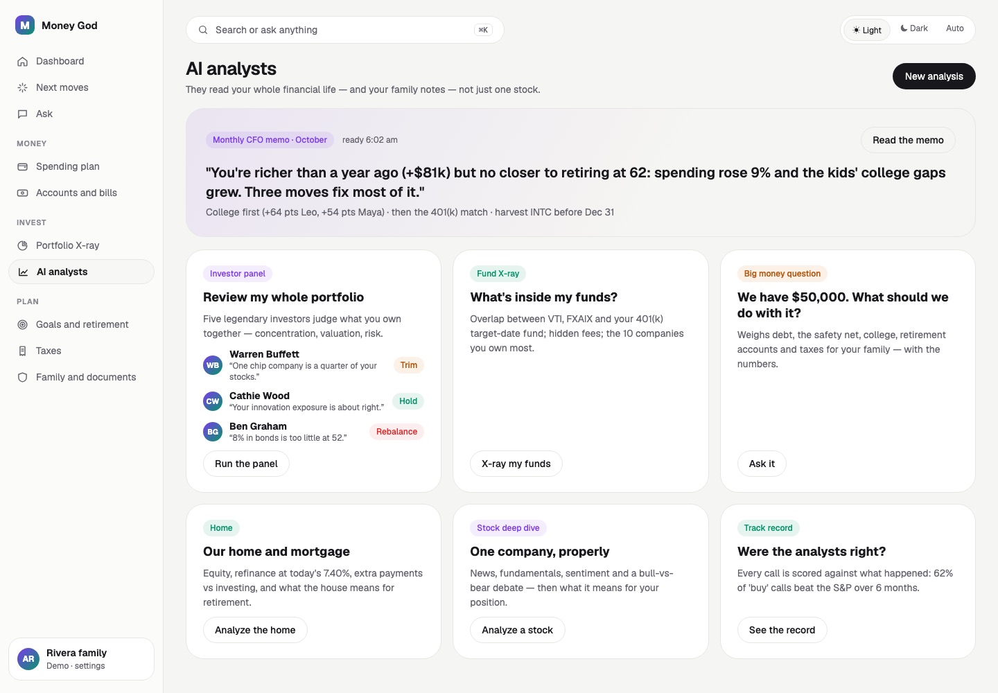 AI analysts hub with the monthly memo and analysis cards